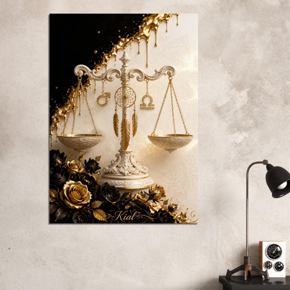 Libra Zodiac Scales Poster, Gold Wall Art, Astrology Canvas, Scales Portrait, Zodiac Gift for Him, Danish Art Studio