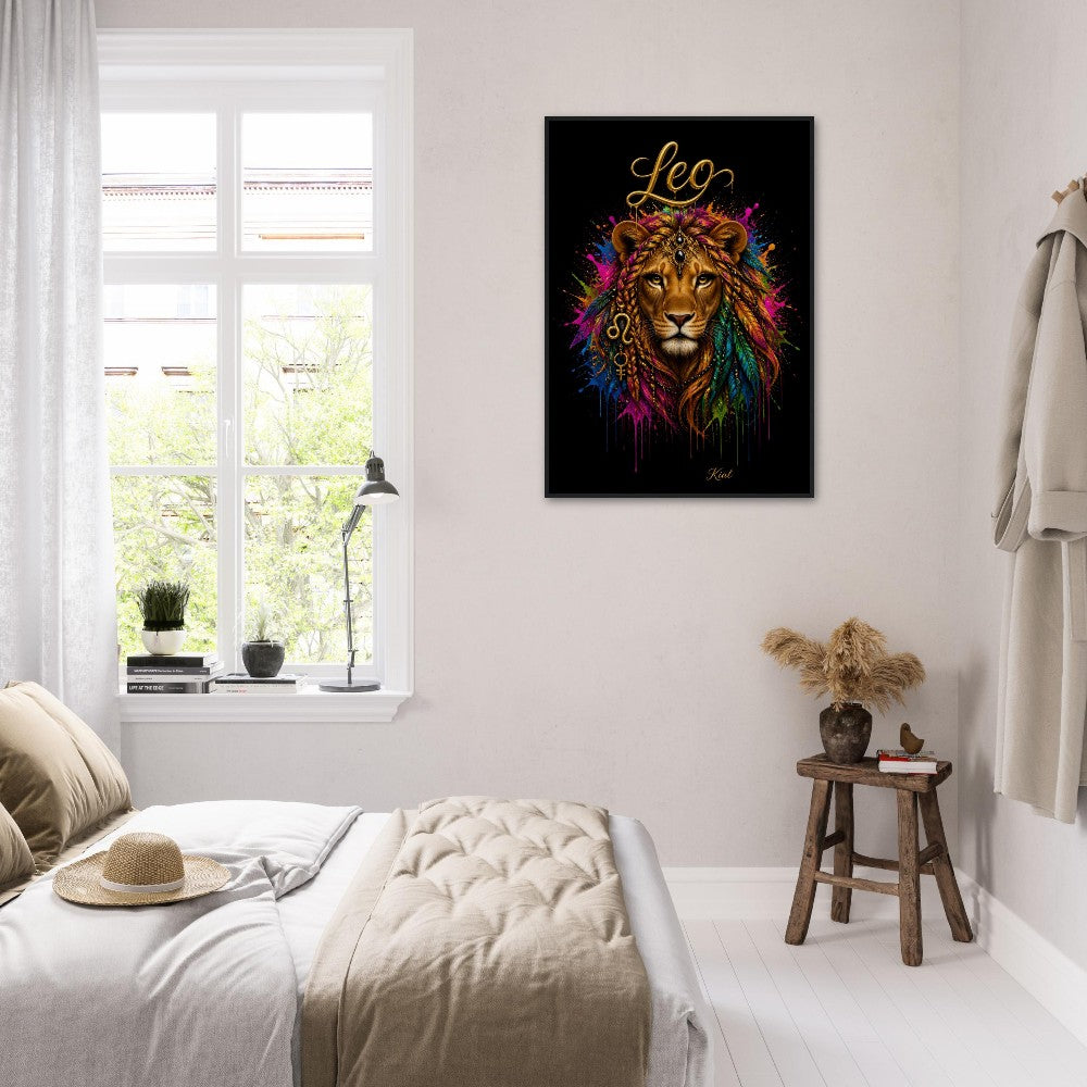 Leo Neon Zodiac Löwen Poster, Bunte Wandkunst, Künstlerische Astrologie Leinwand, Tierkreisgeschenk für Sie, Dänisches Kunststudio