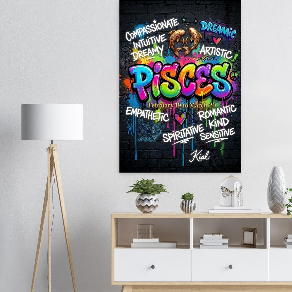 Pisces Neon Graffiti Zodiac Poster, Dark Background, Colorful Street Art, Zodiac Gift for Her, Danish Art Studio