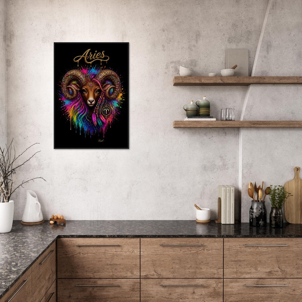 Aries Neon Zodiac Ram Poster, Colorful Wall Art, Artistic Astrology Canvas, Zodiac Gift for Her, Danish Art Studio