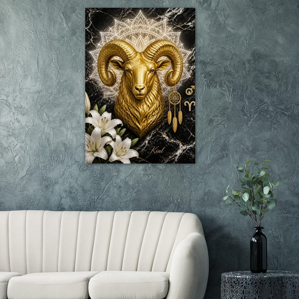 Aries Zodiac Ram Poster, Gold Wall Art, Astrology Canvas, Ram Portrait, Zodiac Gift for Him, Danish Art Studio