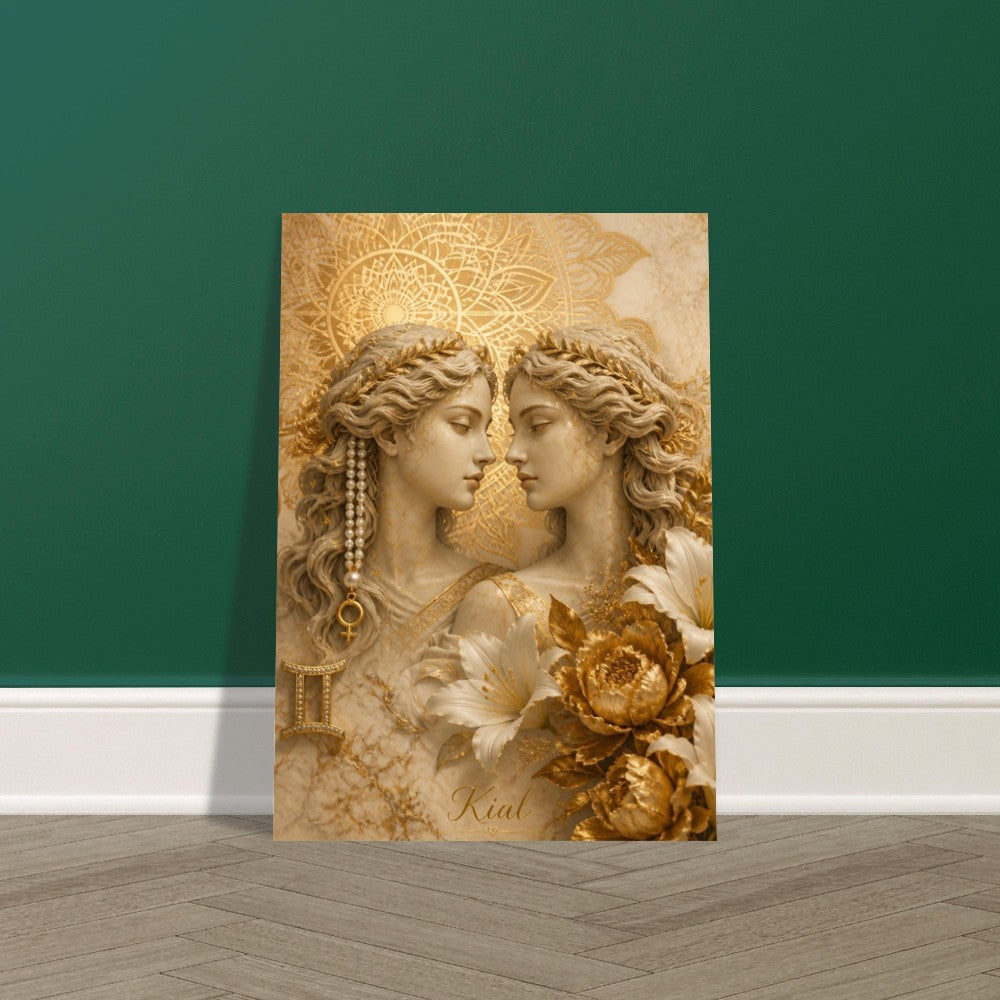 Gemini Zodiac Twins Poster, Gold Wall Art, Astrology Canvas, Twins Portrait, Zodiac Gift for Her, Danish Art Studio