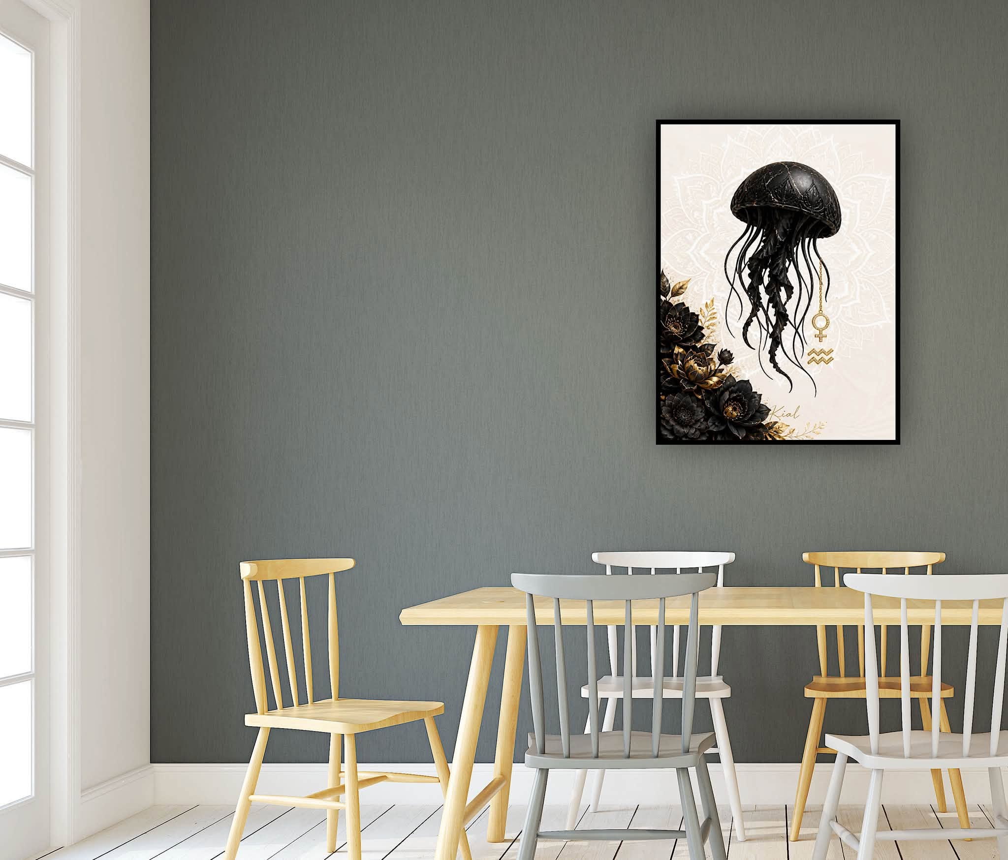 Aquarius Zodiac Jellyfish Poster, Gold Wall Art, Zodiac Gift for Her, Danish Art Studio