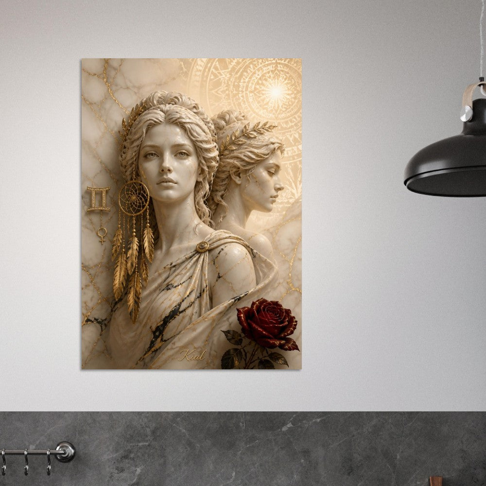 Gemini Zodiac Twins Poster, Gold Wall Art, Astrology Canvas, Twins Portrait, Zodiac Gift for Her, Danish Art Studio
