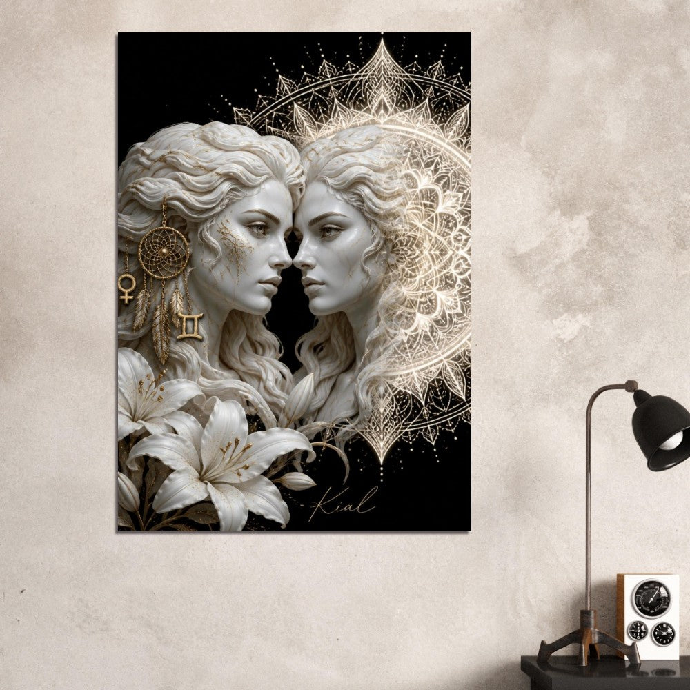 Gemini Zodiac Twins Poster, Gold Wall Art, Astrology Canvas, Twins Portrait, Zodiac Gift for Her, Danish Art Studio