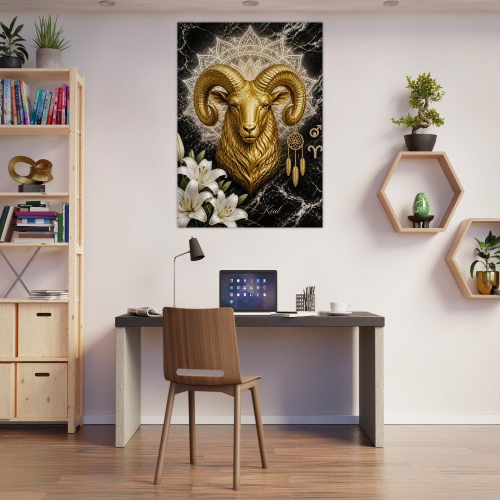 Aries Zodiac Ram Poster, Gold Wall Art, Astrology Canvas, Ram Portrait, Zodiac Gift for Him, Danish Art Studio