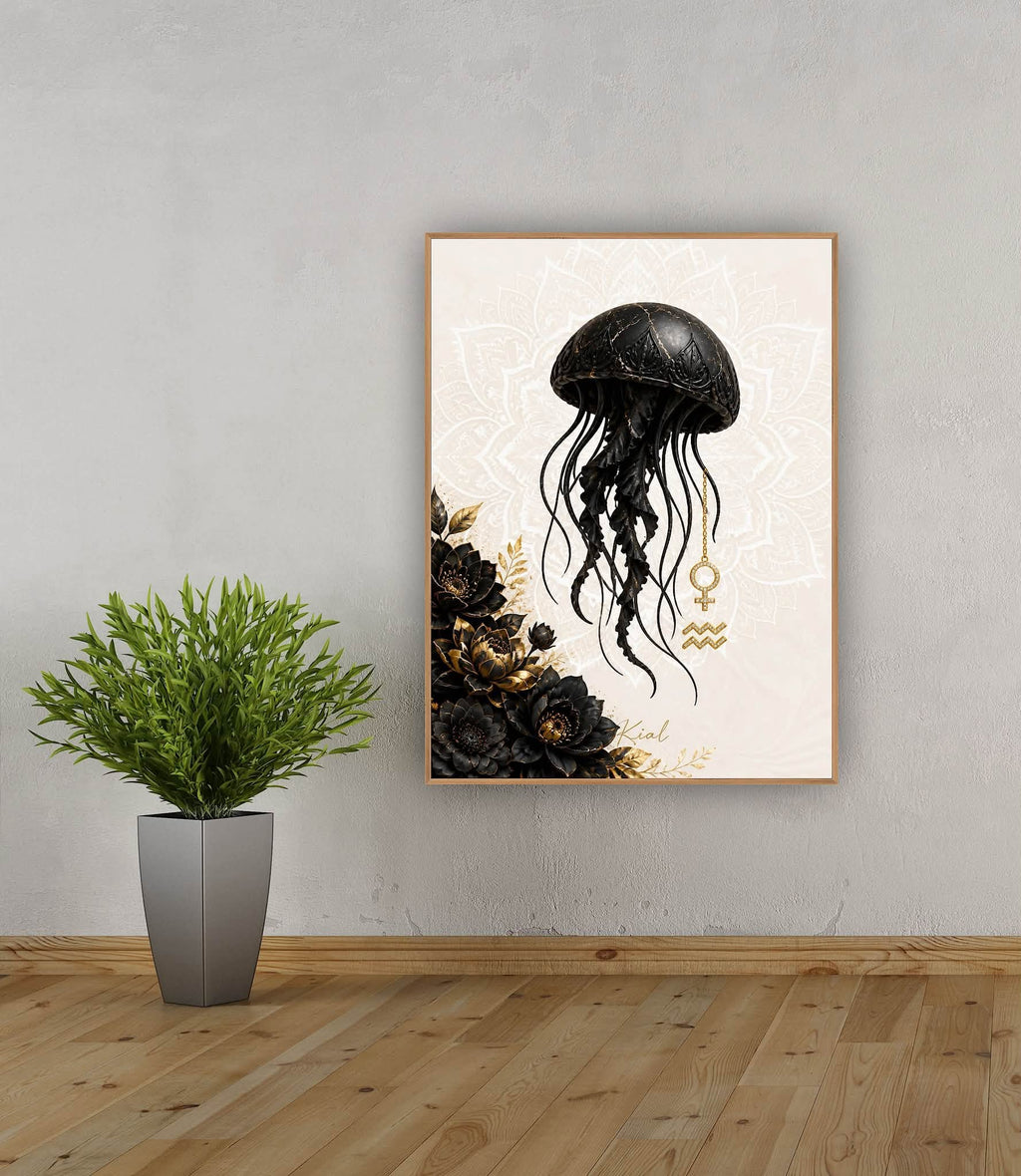 Aquarius Zodiac Jellyfish Poster, Gold Wall Art, Zodiac Gift for Her, Danish Art Studio