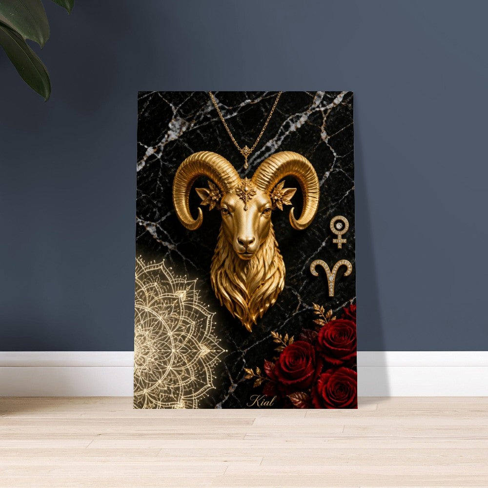 Aries Zodiac Ram Poster, Gold Wall Art, Astrology Canvas, Ram Portrait, Zodiac Gift for Her, Danish Art Studio