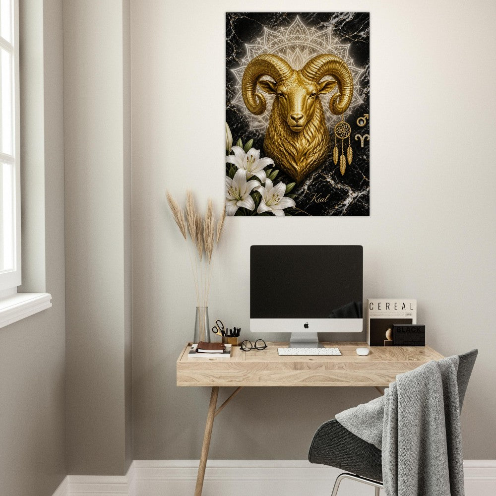 Aries Zodiac Ram Poster, Gold Wall Art, Astrology Canvas, Ram Portrait, Zodiac Gift for Him, Danish Art Studio