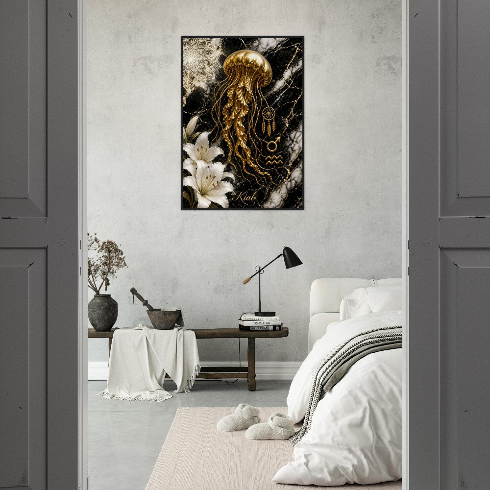 Aquarius Zodiac Jellyfish Poster, Gold Wall Art, Zodiac Gift for Him, Danish Art Studio