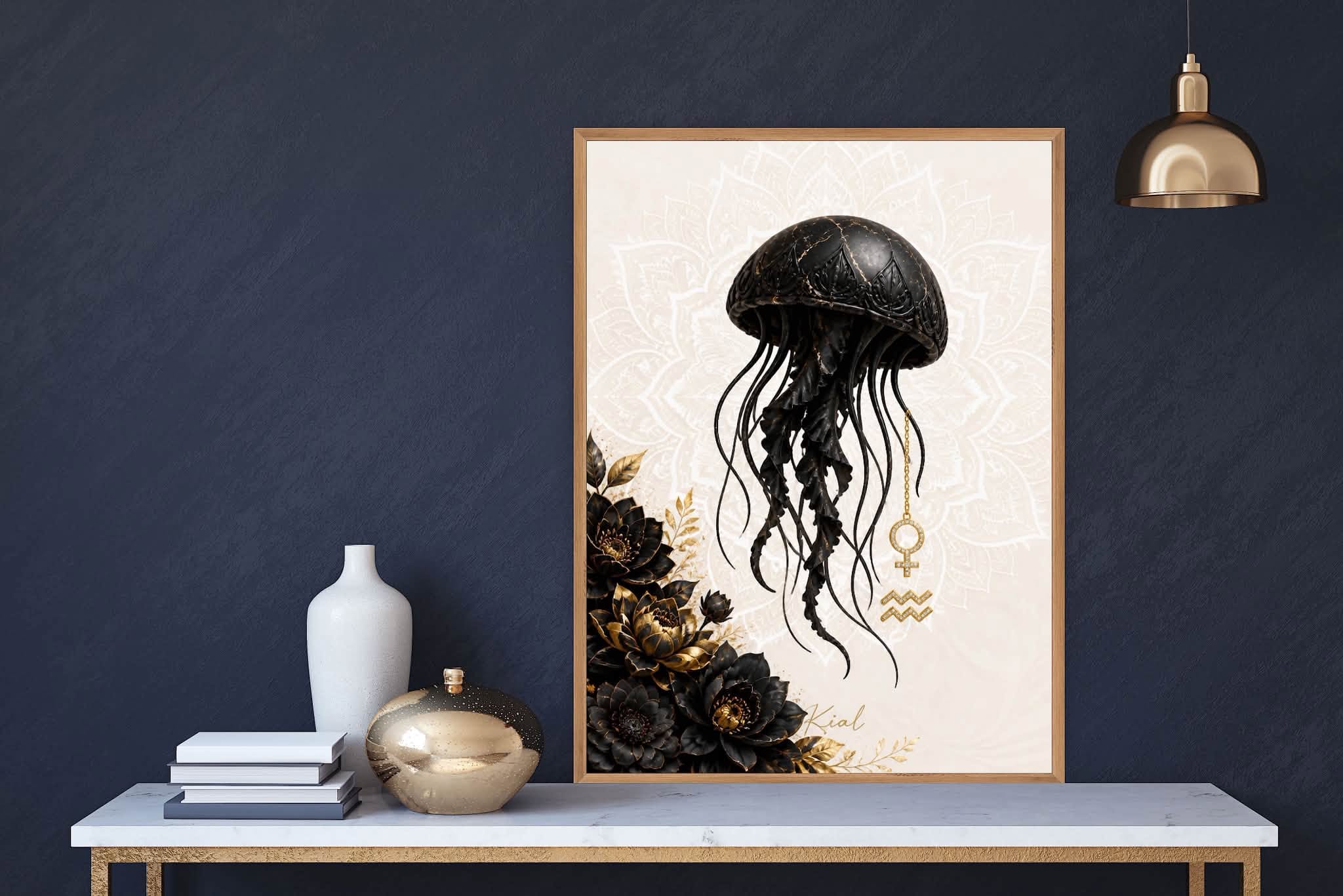 Aquarius Zodiac Jellyfish Poster, Gold Wall Art, Zodiac Gift for Her, Danish Art Studio