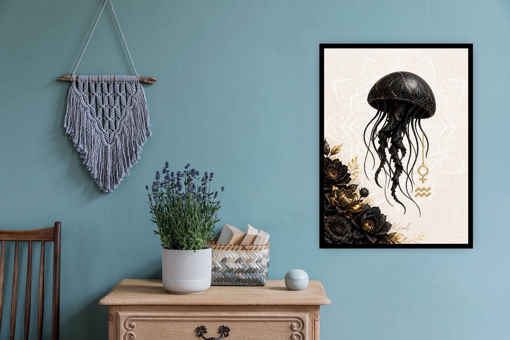 Aquarius Zodiac Jellyfish Poster, Gold Wall Art, Zodiac Gift for Her, Danish Art Studio