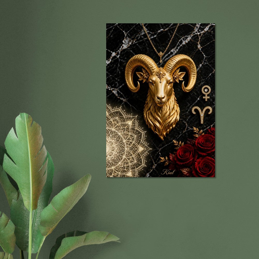 Aries Zodiac Ram Poster, Gold Wall Art, Astrology Canvas, Ram Portrait, Zodiac Gift for Her, Danish Art Studio