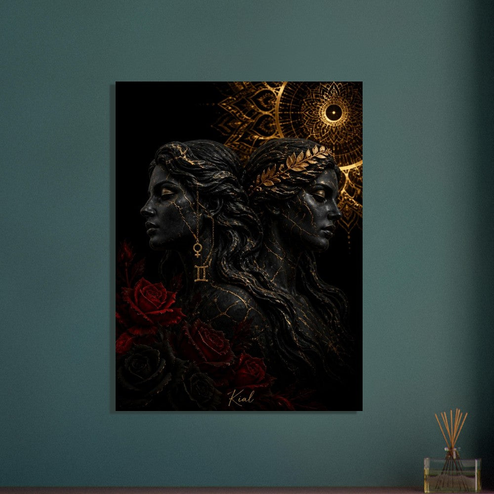 Gemini Zodiac Twins Poster, Gold Wall Art, Astrology Canvas, Twins Portrait, Zodiac Gift for Her, Danish Art Studio