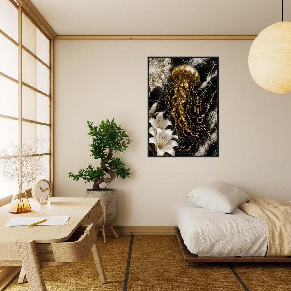 Aquarius Zodiac Jellyfish Poster, Gold Wall Art, Zodiac Gift for Him, Danish Art Studio