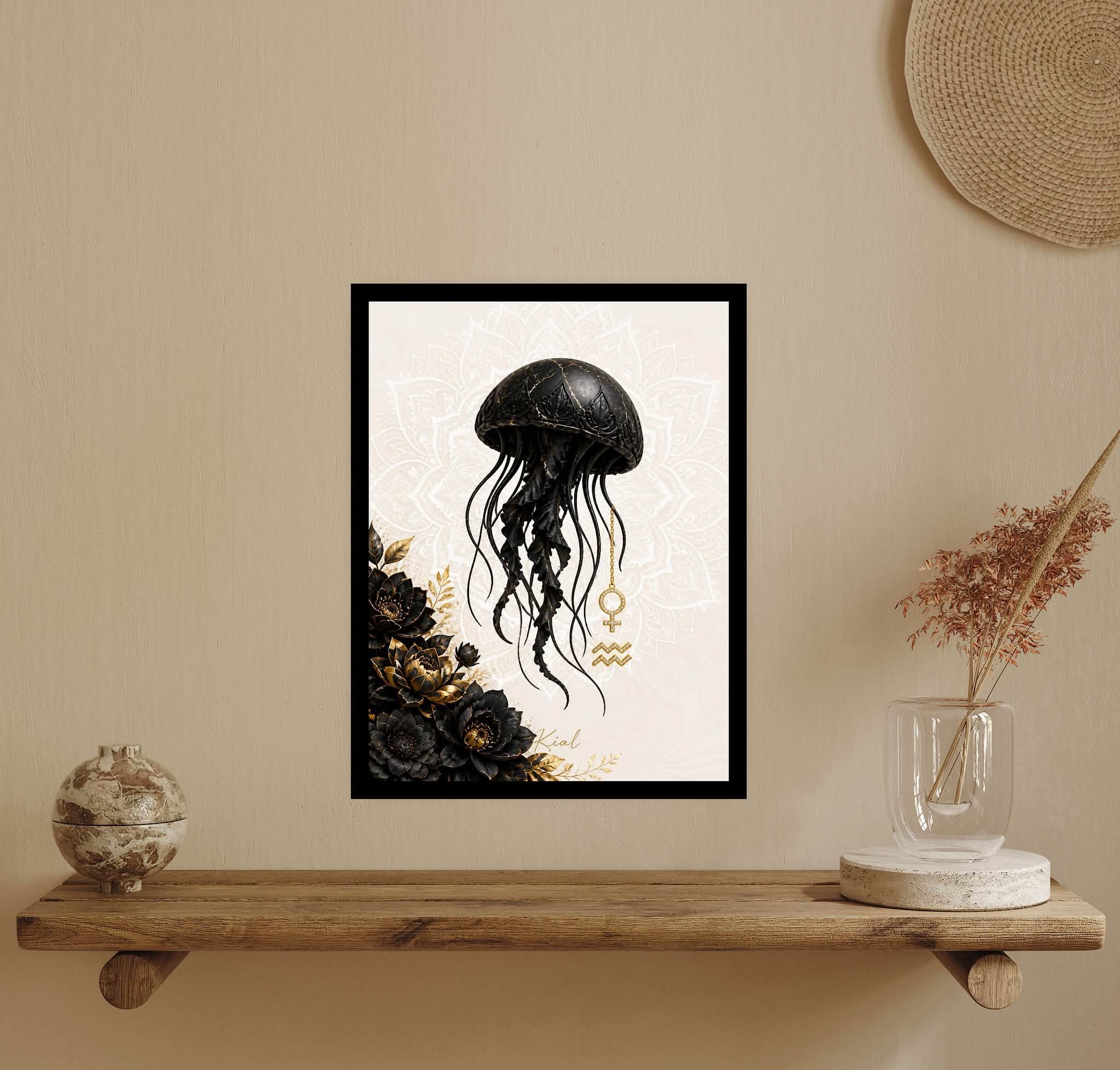Aquarius Zodiac Jellyfish Poster, Gold Wall Art, Zodiac Gift for Her, Danish Art Studio