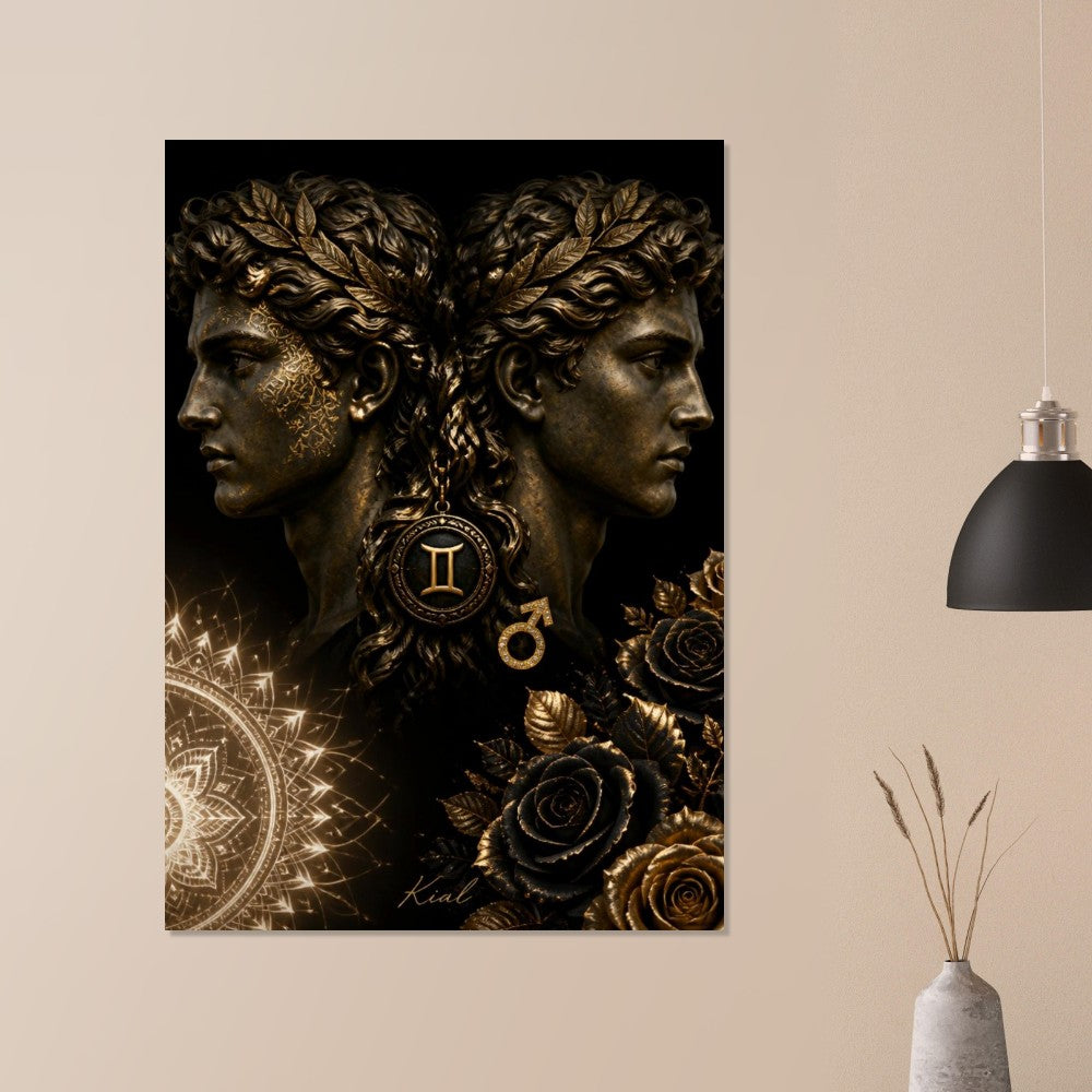 Gemini Zodiac Twins Poster, Gold Wall Art, Astrology Canvas, Twins Portrait, Zodiac Gift for Him, Danish Art Studio