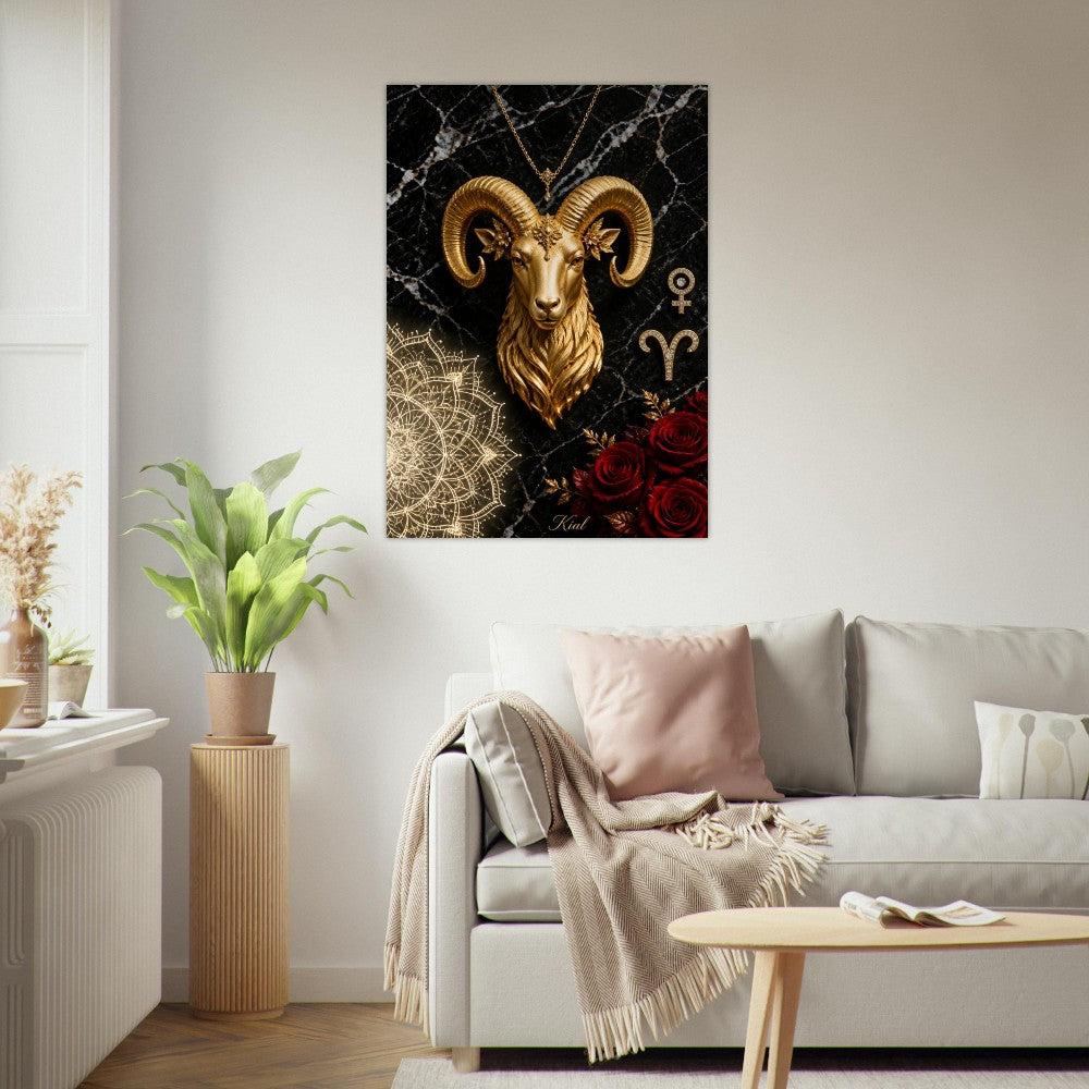 Aries Zodiac Ram Poster, Gold Wall Art, Astrology Canvas, Ram Portrait, Zodiac Gift for Her, Danish Art Studio