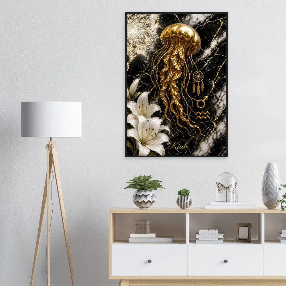 Aquarius Zodiac Jellyfish Poster, Gold Wall Art, Zodiac Gift for Him, Danish Art Studio