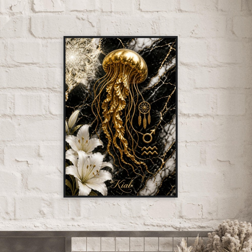 Aquarius Zodiac Jellyfish Poster, Gold Wall Art, Zodiac Gift for Him, Danish Art Studio