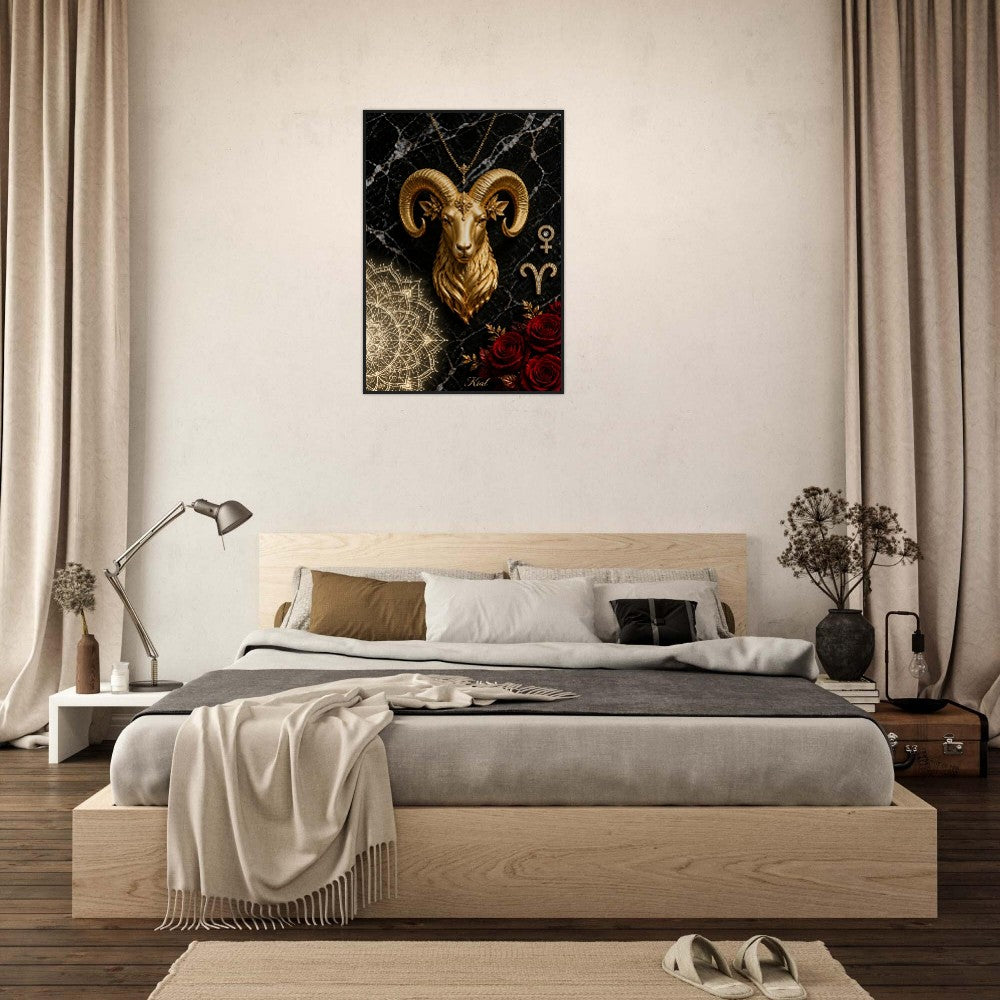 Aries Zodiac Ram Poster, Gold Wall Art, Astrology Canvas, Ram Portrait, Zodiac Gift for Her, Danish Art Studio