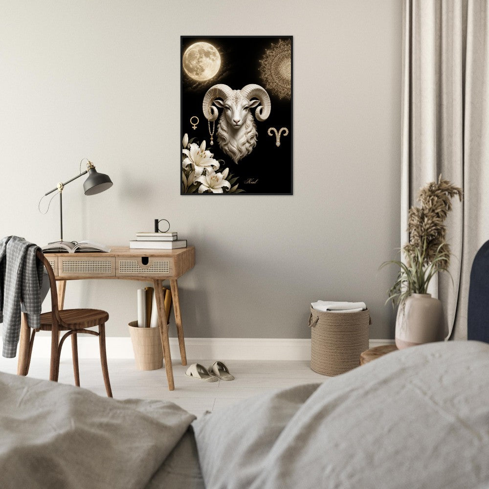 Aries Zodiac Ram Poster, Gold Wall Art, Astrology Canvas, Ram Portrait, Zodiac Gift for Her, Danish Art Studio