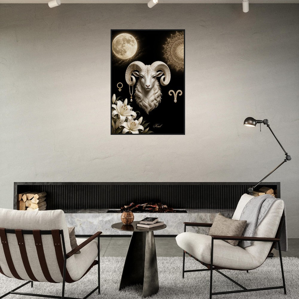 Aries Zodiac Ram Poster, Gold Wall Art, Astrology Canvas, Ram Portrait, Zodiac Gift for Her, Danish Art Studio