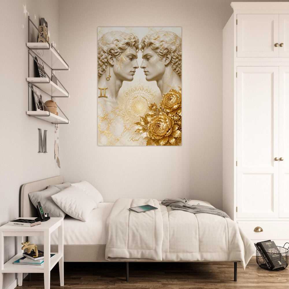Gemini Zodiac Twins Poster, Gold Wall Art, Astrology Canvas, Twins Portrait, Zodiac Gift for Him, Danish Art Studio