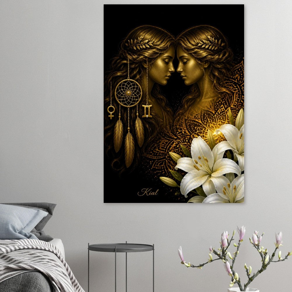 Gemini Zodiac Twins Poster, Gold Wall Art, Astrology Canvas, Twins Portrait, Zodiac Gift for Her, Danish Art Studio