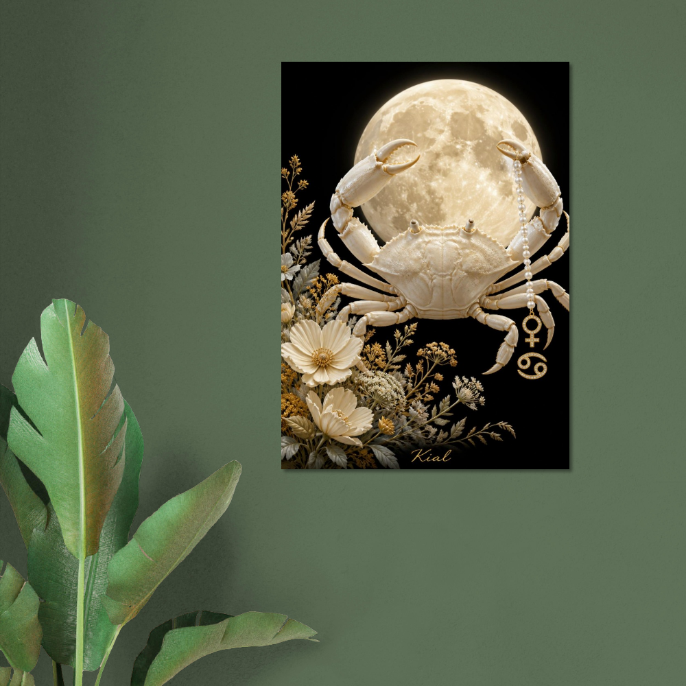 Cancer Zodiac Crab Poster, Gold Wall Art, Astrology Canvas, Crab Portrait, Zodiac Gift for Her, Danish Art Studio