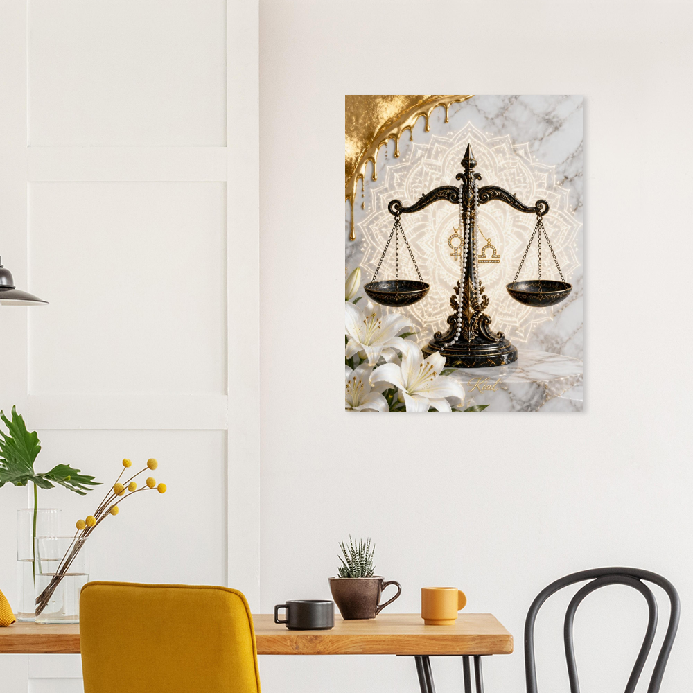 Libra Zodiac Scales Poster, Gold Wall Art, Astrology Canvas, Scales Portrait, Zodiac Gift for Her, Danish Art Studio