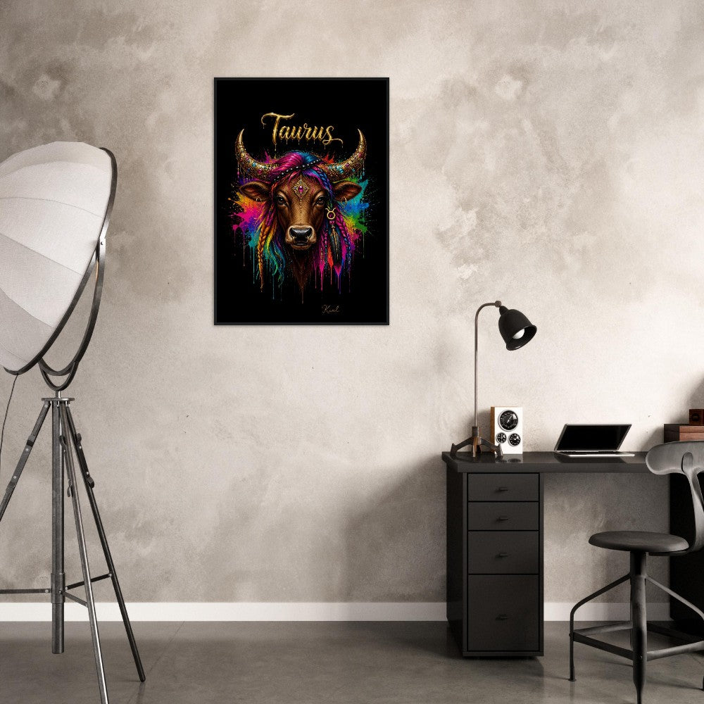 Taurus Neon Zodiac Bull Poster, Colorful Wall Art, Artistic Astrology Canvas, Zodiac Gift for Her, Danish Art Studio