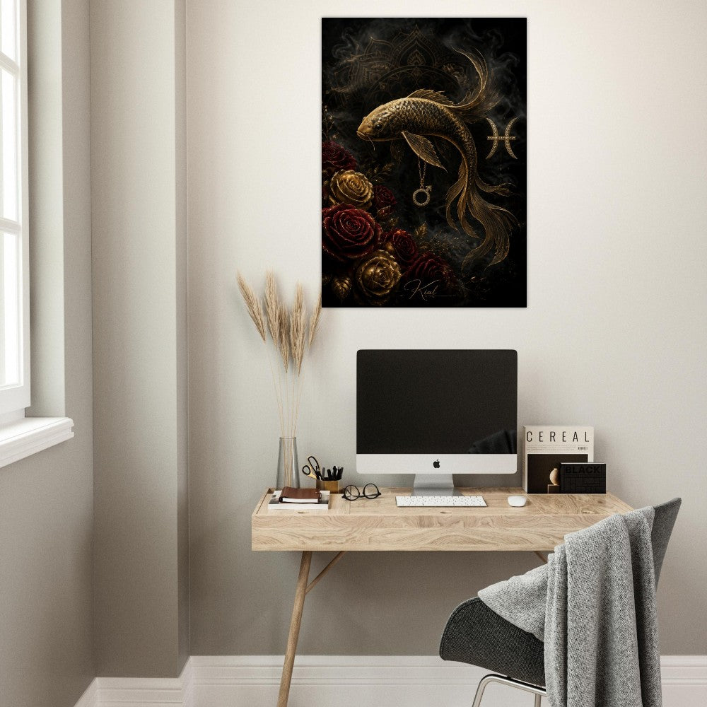 Pisces Zodiac Koi Poster, Gold Wall Art, Astrology Canvas, Koi Portrait, Zodiac Gift for Him, Danish Art Studio