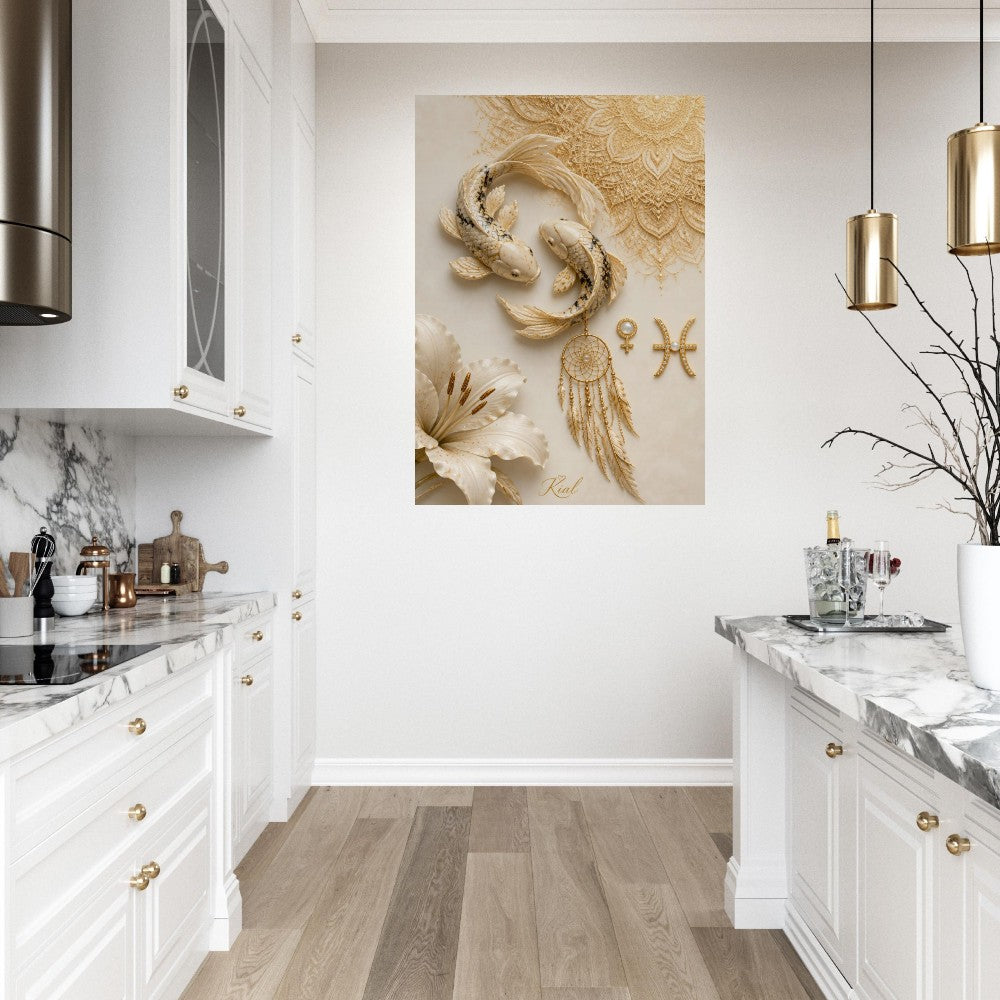 Pisces Zodiac Koi Poster, Gold Wall Art, Astrology Canvas, Koi Portrait, Zodiac Gift for Her, Danish Art Studio