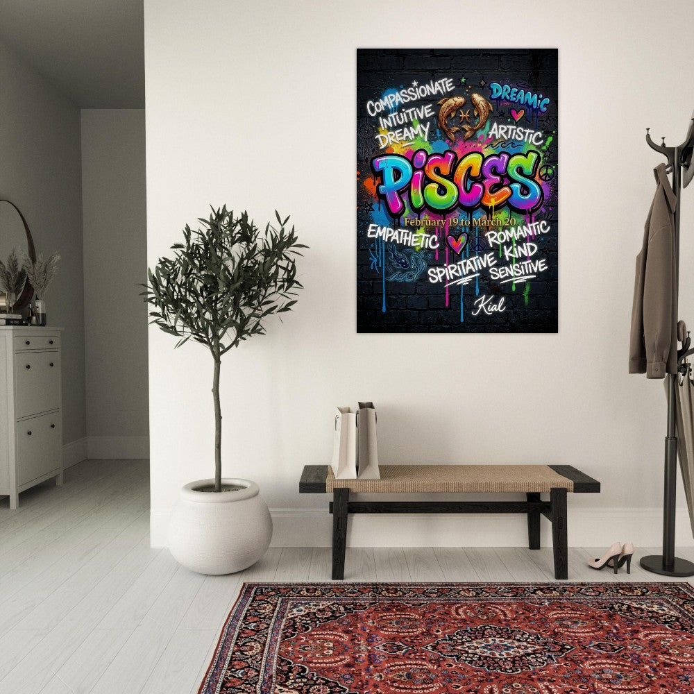 Pisces Neon Graffiti Zodiac Poster, Dark Background, Colorful Street Art, Zodiac Gift for Her, Danish Art Studio