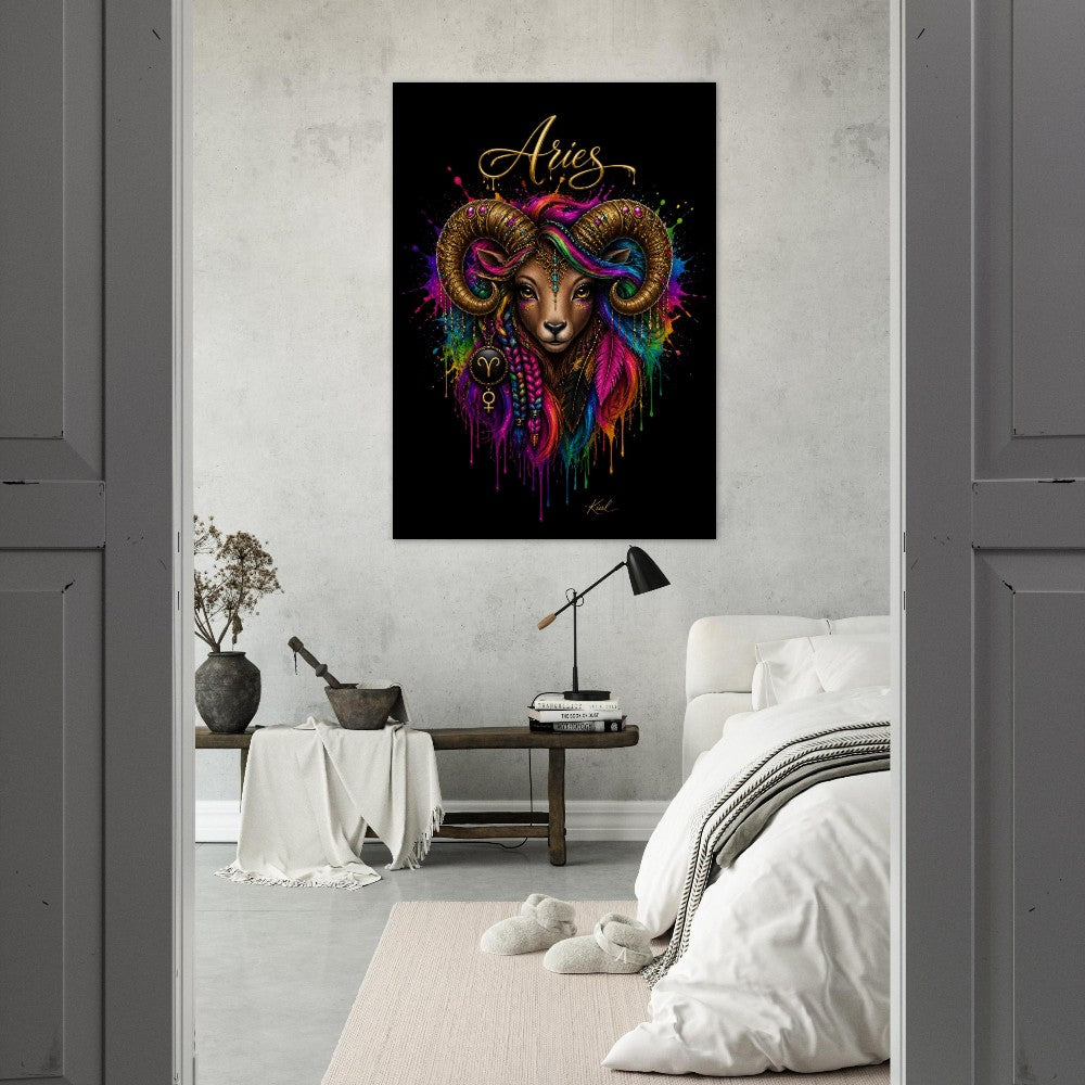 Aries Neon Zodiac Ram Poster, Colorful Wall Art, Artistic Astrology Canvas, Zodiac Gift for Her, Danish Art Studio