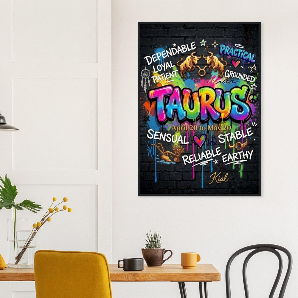 Taurus Neon Graffiti Zodiac Poster, Dark Background, Colorful Street Art, Zodiac Gift for Her, Danish Art Studio
