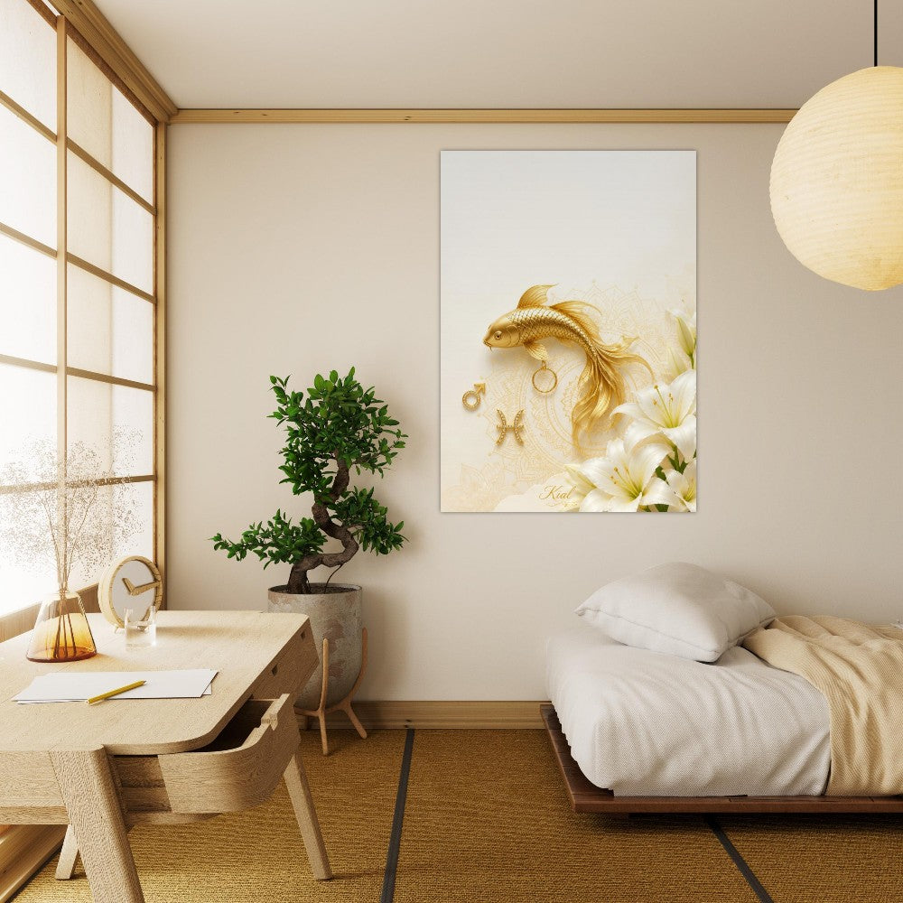 Pisces Zodiac Koi Poster, Gold Wall Art, Astrology Canvas, Koi Portrait, Zodiac Gift for Him, Danish Art Studio