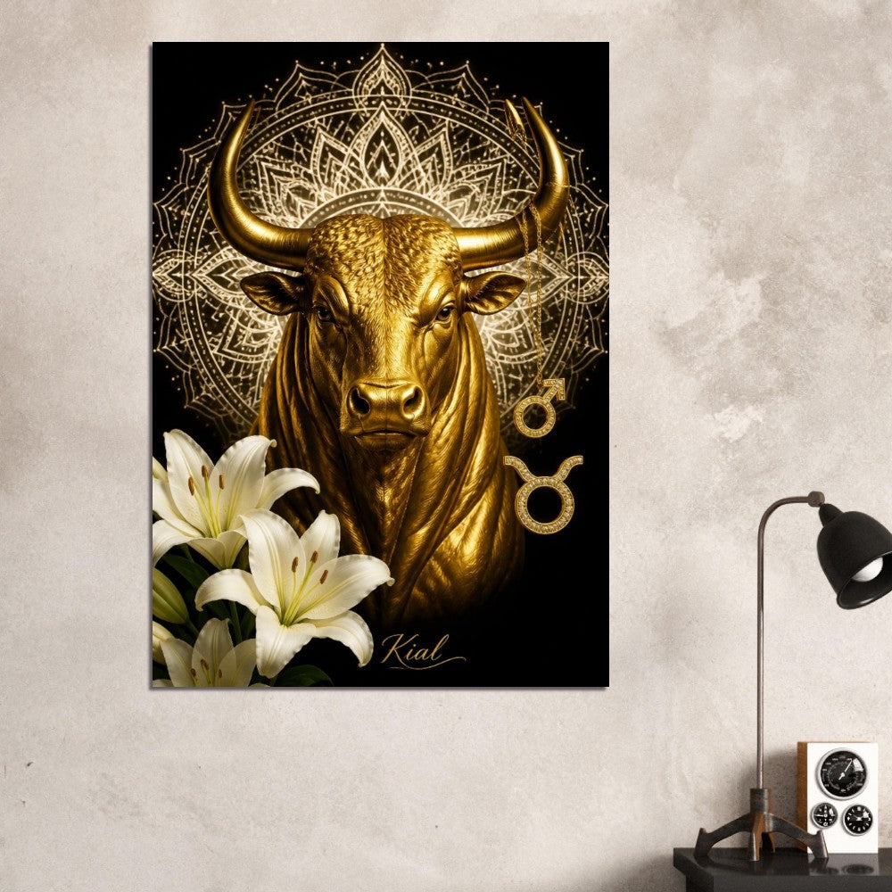 Taurus Zodiac Bull Poster, Gold Wall Art, Astrology Canvas, Bull Portrait, Zodiac Gift for Him, Danish Art Studio