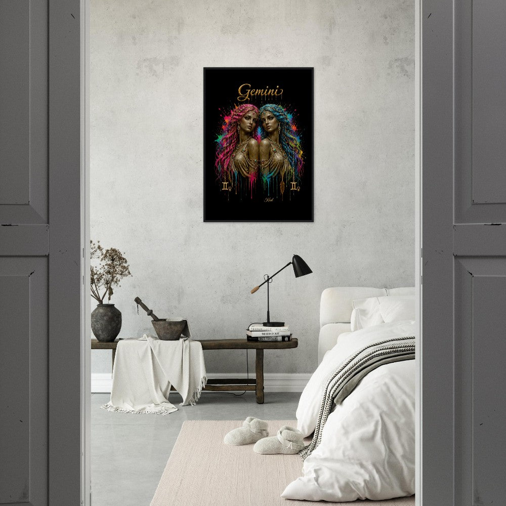 Gemini Neon Zodiac Twins Plakat, Farverig Vægkunst, Kunstnerisk Astrologi Lærred, Zodiak Gave til Hende, Dansk Kunst Studio