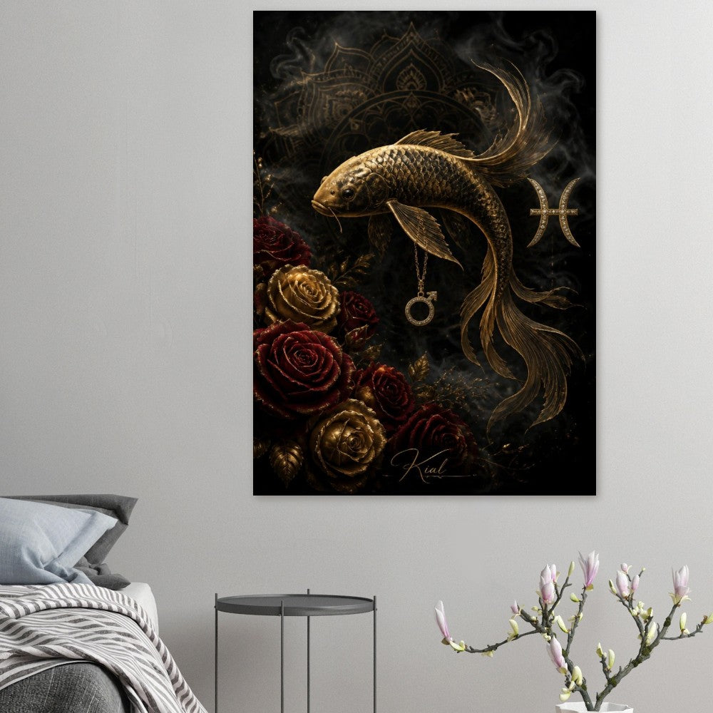 Pisces Zodiac Koi Poster, Gold Wall Art, Astrology Canvas, Koi Portrait, Zodiac Gift for Him, Danish Art Studio