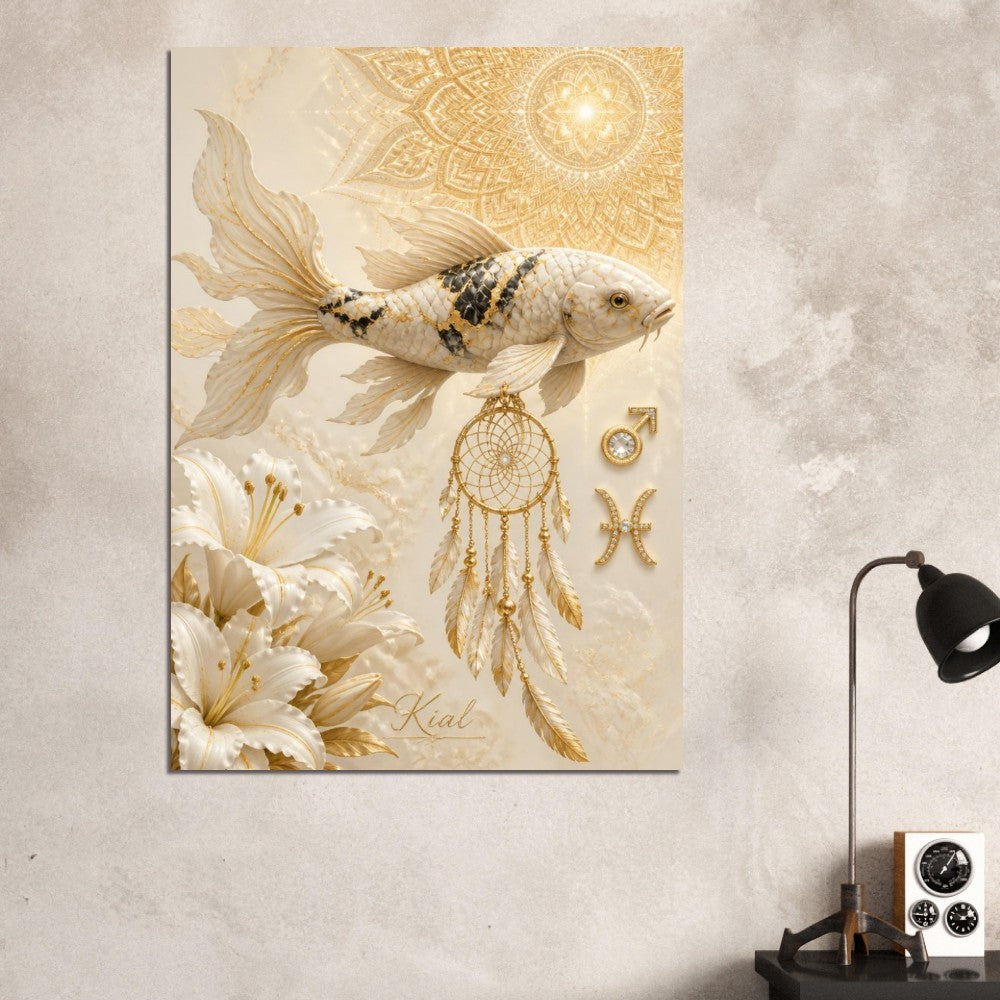 Pisces Zodiac Koi Poster, Gold Wall Art, Astrology Canvas, Koi Portrait, Zodiac Gift for Him, Danish Art Studio