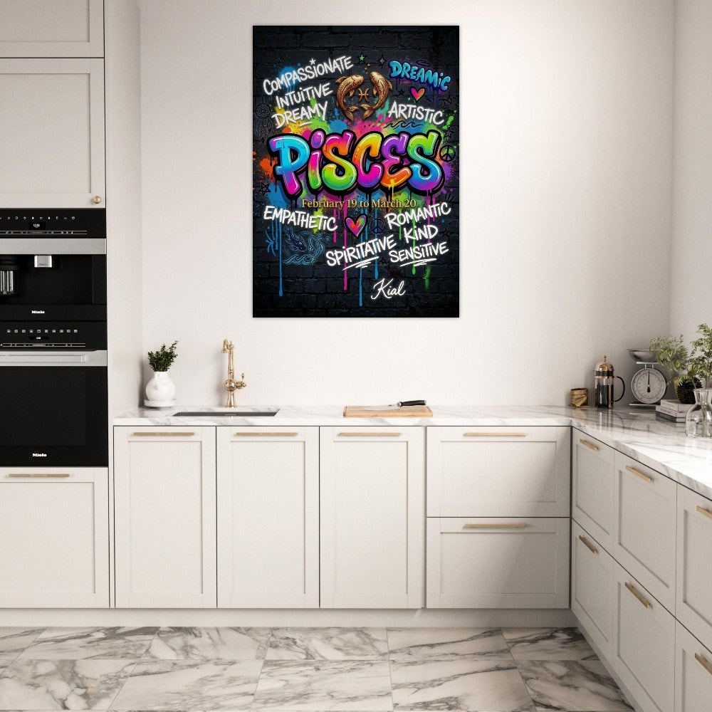 Pisces Neon Graffiti Zodiac Poster, Dark Background, Colorful Street Art, Zodiac Gift for Her, Danish Art Studio