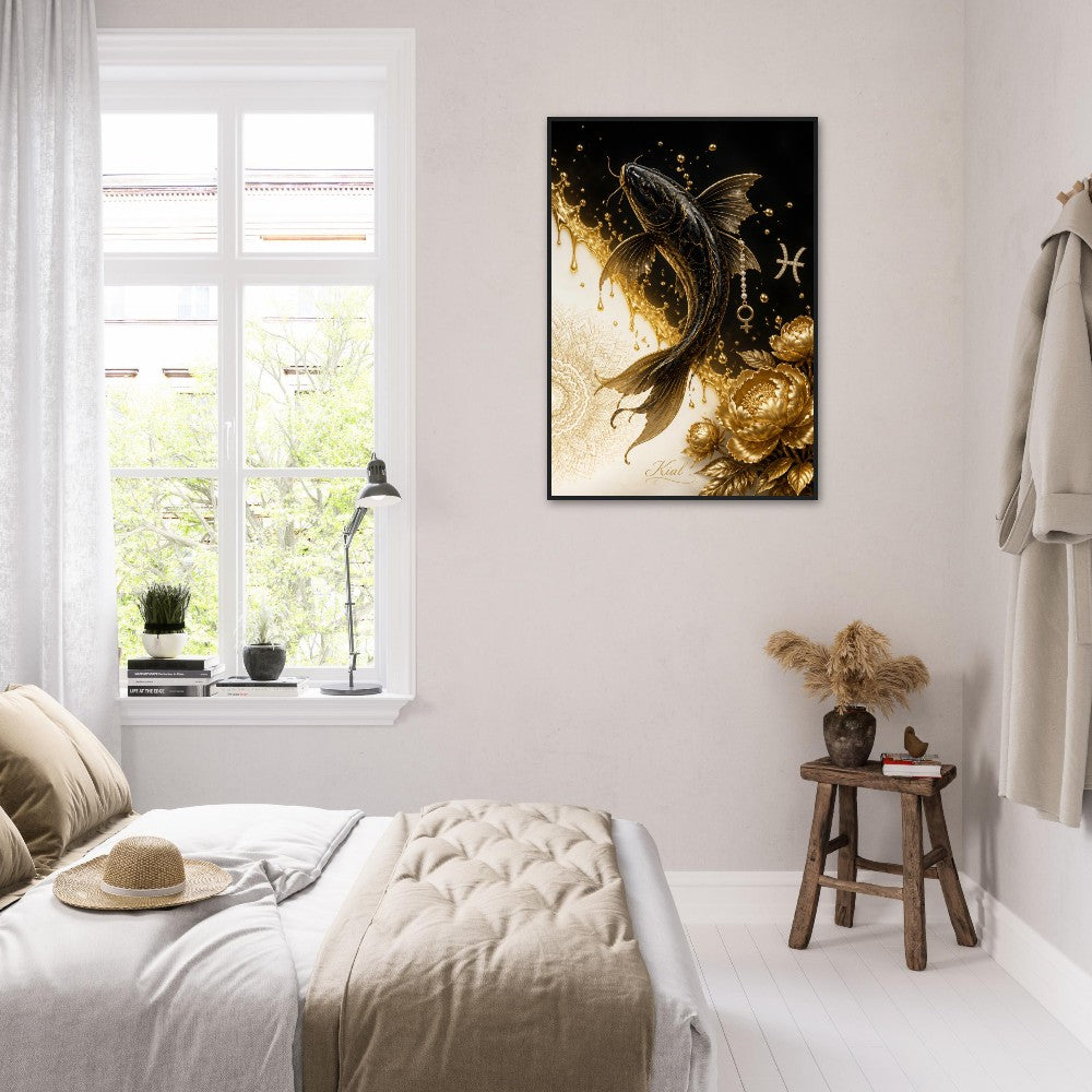 Pisces Zodiac Koi Poster, Gold Wall Art, Astrology Canvas, Koi Portrait, Zodiac Gift for Her, Danish Art Studio