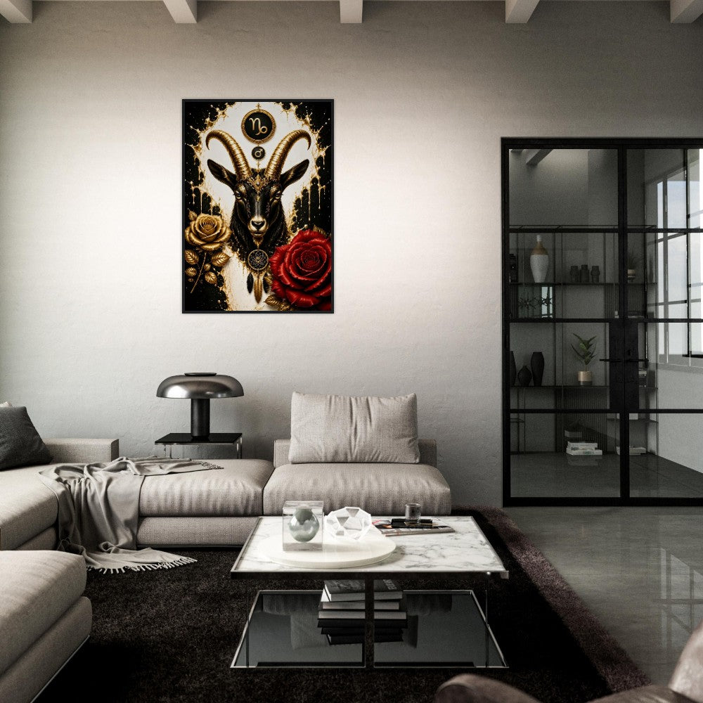 Capricorn Zodiac Goat Poster, Gold Wall Art, Astrology Canvas, Goat Portrait, Zodiac Gift for Him, Danish Art Studio