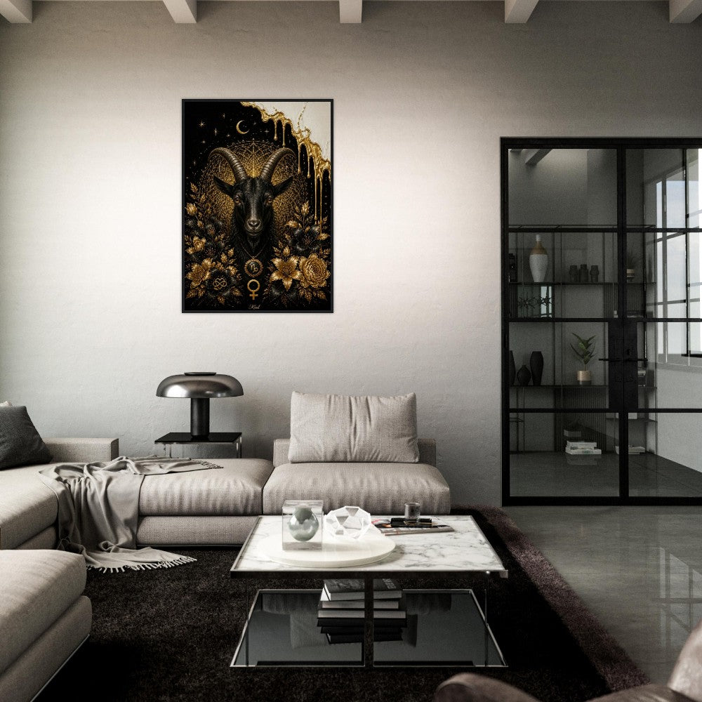 Capricorn Zodiac Goat Poster, Gold Wall Art, Astrology Canvas, Goat Portrait, Zodiac Gift for Her, Danish Art Studio