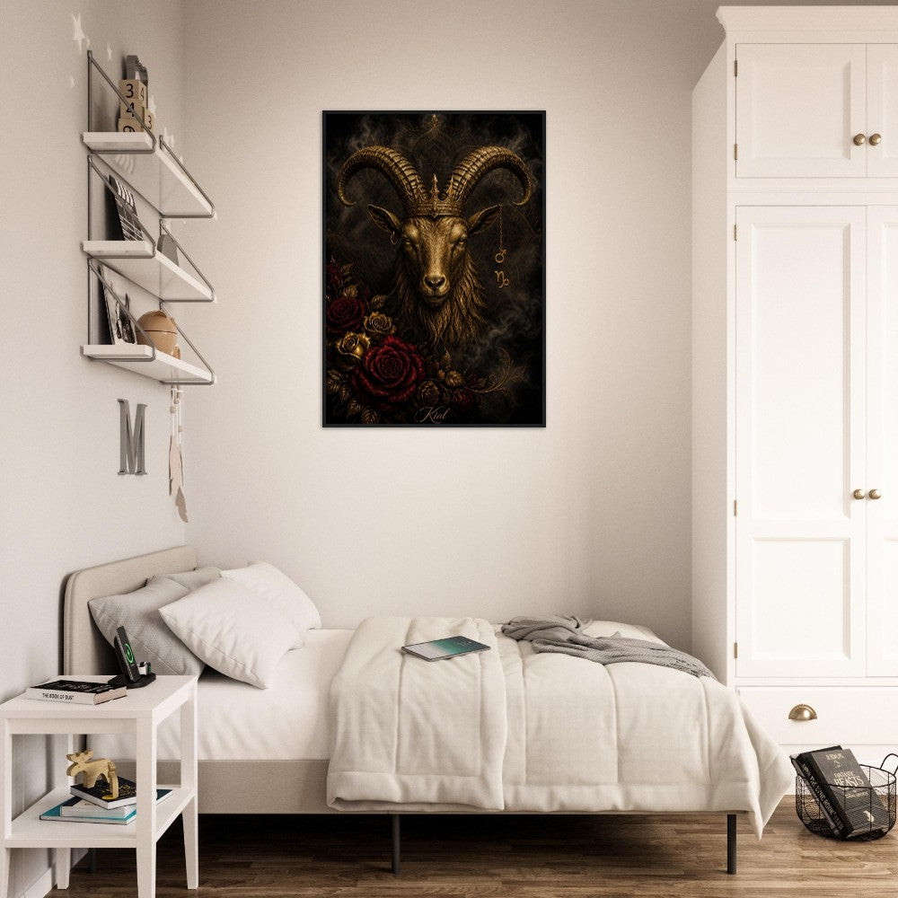 Capricorn Zodiac Goat Poster, Gold Wall Art, Astrology Canvas, Goat Portrait, Zodiac Gift for Him, Danish Art Studio