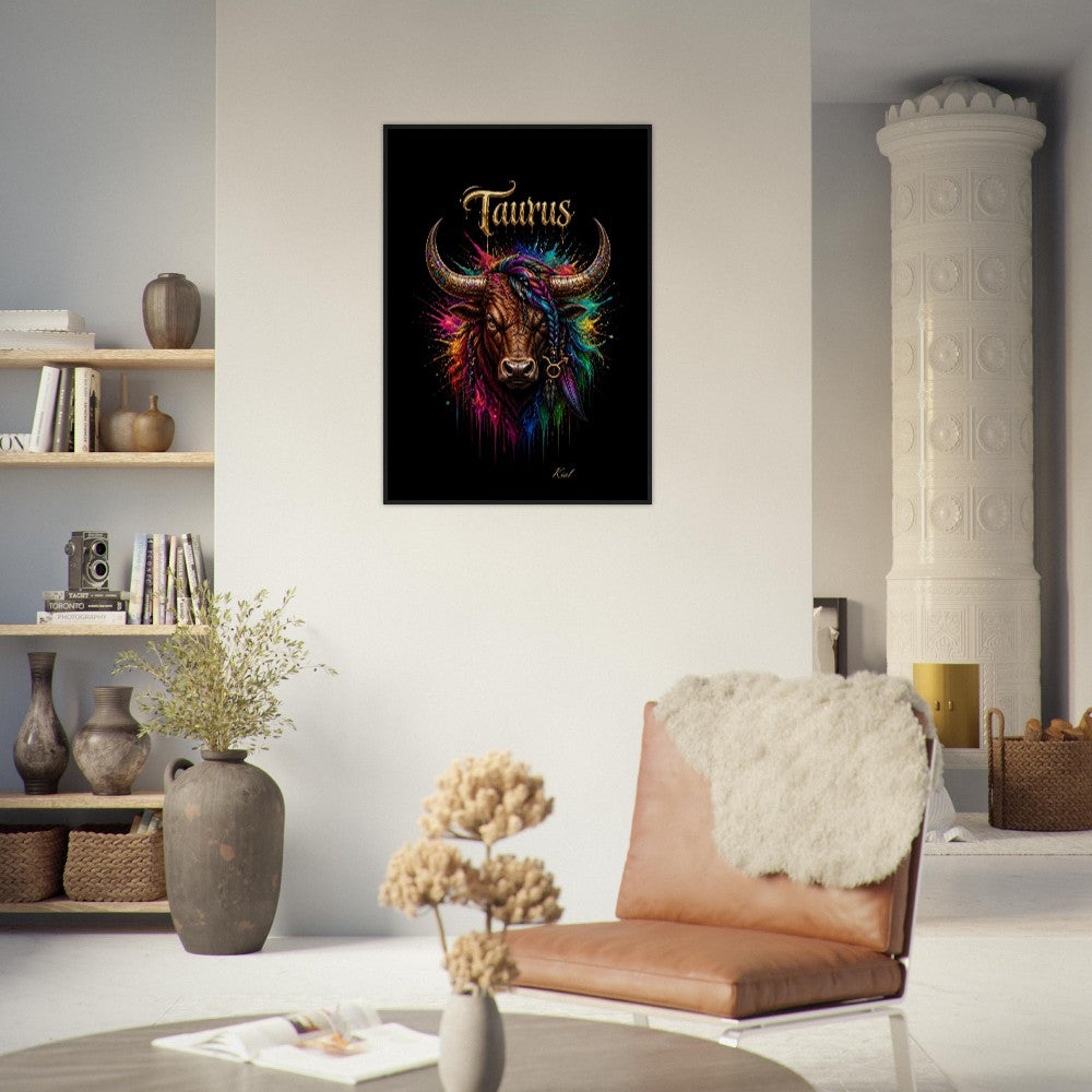 Taurus Neon Zodiac Bull Poster, Colorful Wall Art, Artistic Astrology Canvas, Zodiac Gift for Him, Danish Art Studio