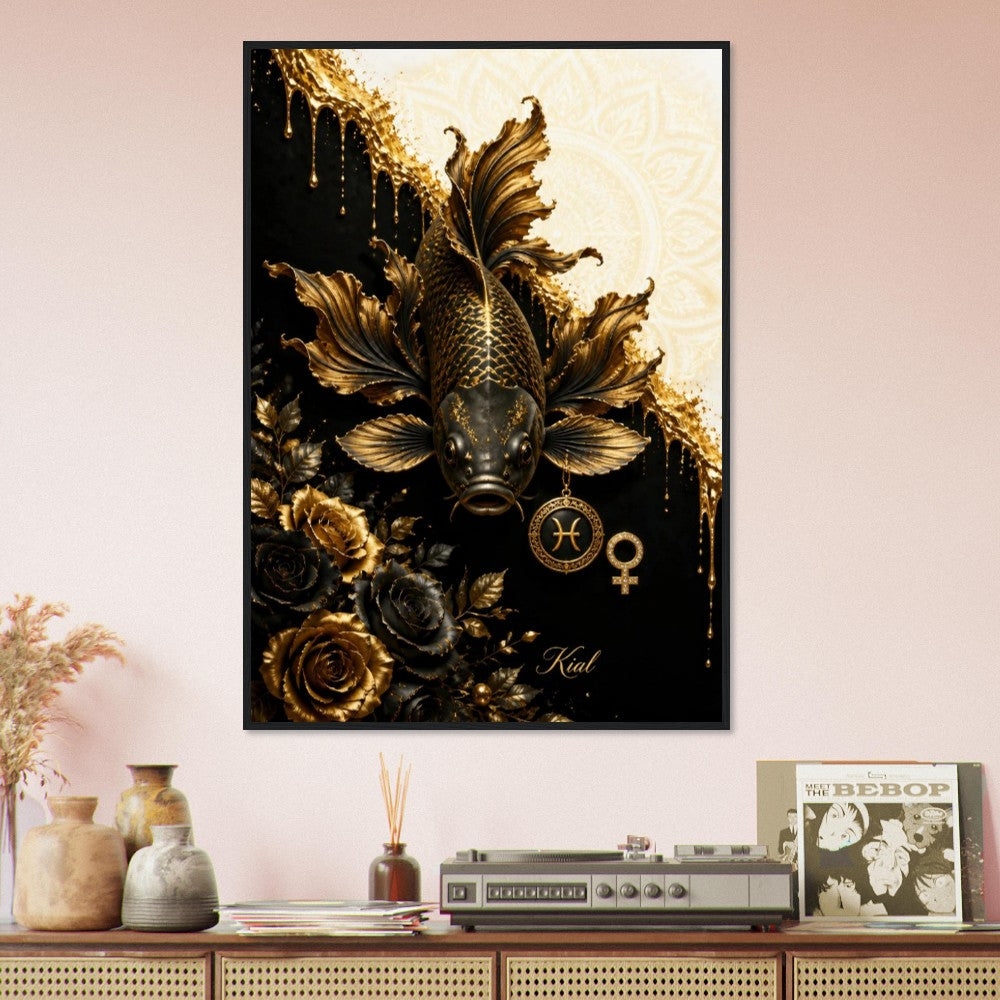 Pisces Zodiac Koi Poster, Gold Wall Art, Astrology Canvas, Koi Portrait, Zodiac Gift for Her, Danish Art Studio