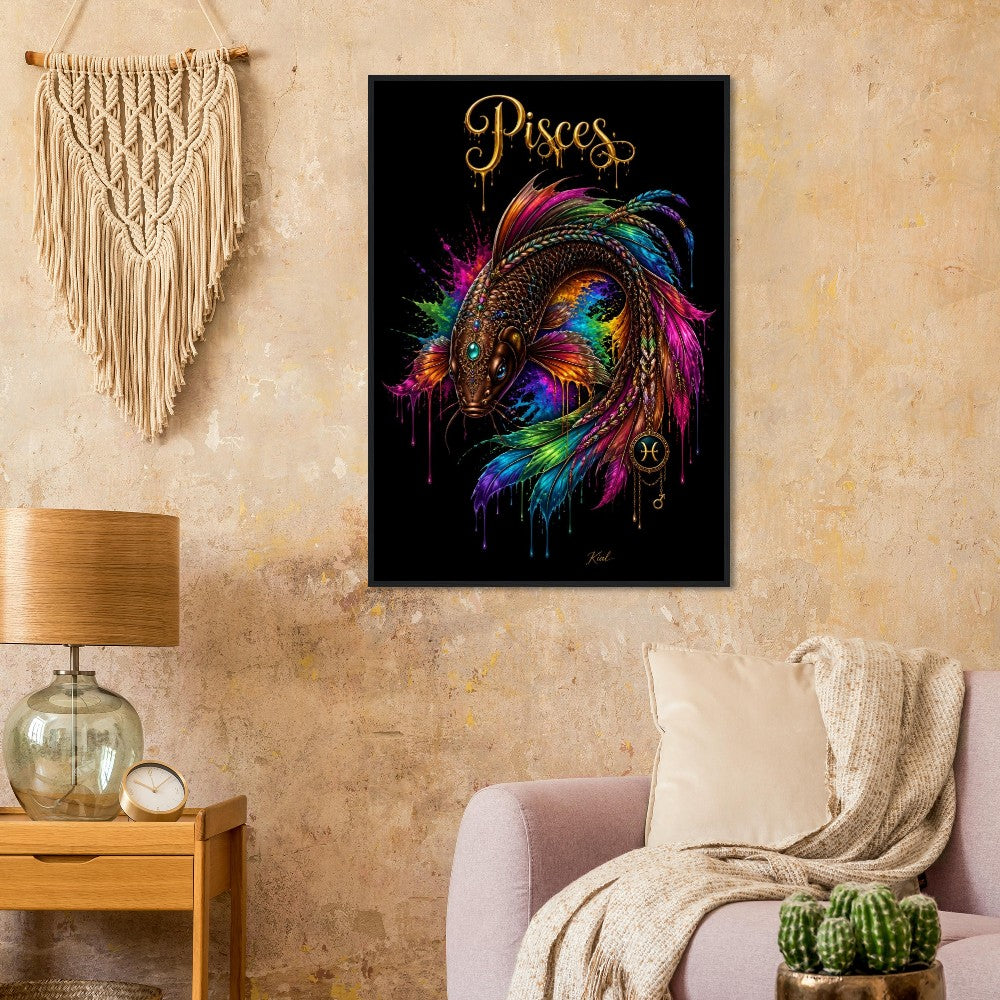 Pisces Neon Zodiac Koi Poster, Colorful Wall Art, Artistic Astrology Canvas, Zodiac Gift for Him, Danish Art Studio
